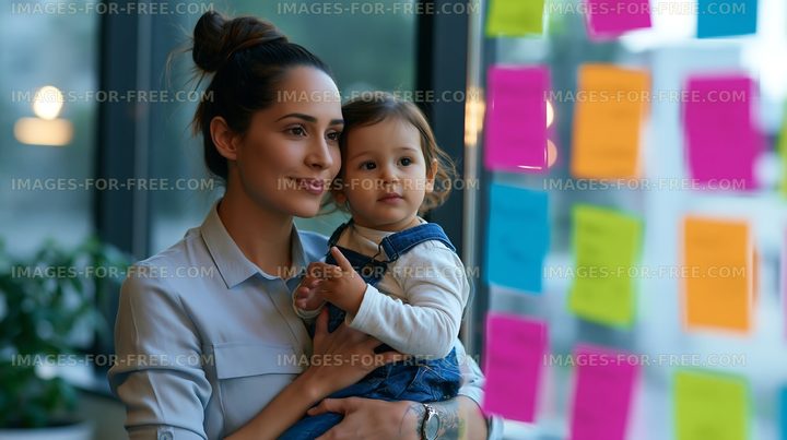 Woman holding child in front of colorful sticky notes on glass
