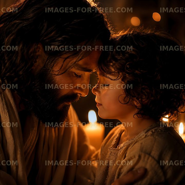 Father and child share a moment in candlelight setting