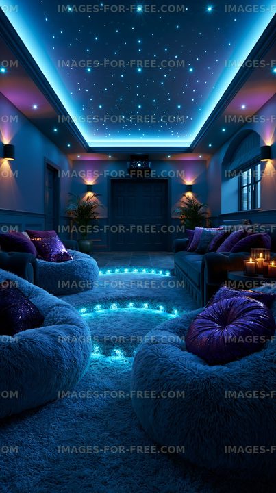 Cozy indoor space with soft seating and blue lighting