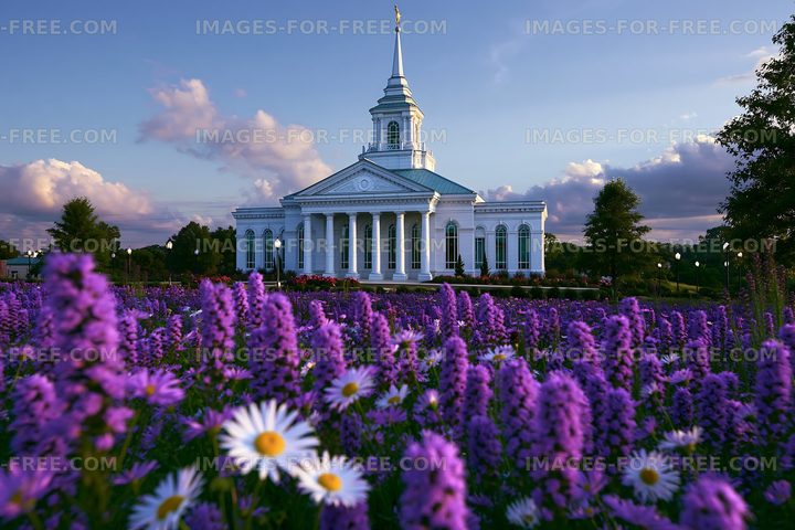 Church surrounded by purple flowers during sunset