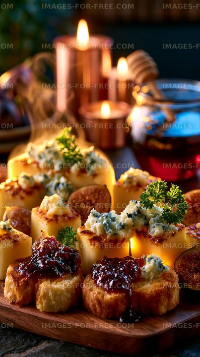 Delicious appetizer platter with cheese, figs, and honey on a table
