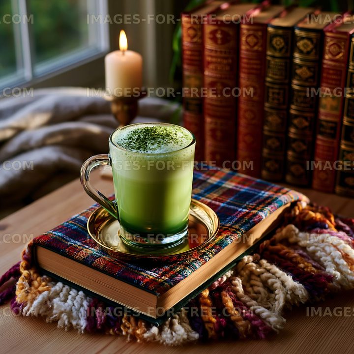 Warm drink on a book with candlelight in cozy setting