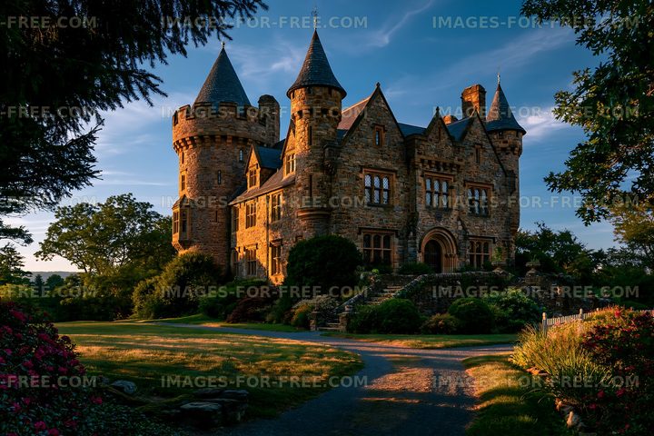 Historic stone castle with turrets at sunset