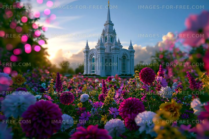 Flowers surround a temple at sunset with colorful blooms