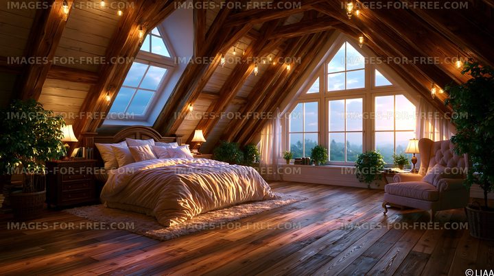 Cozy attic bedroom with natural light and wooden decor