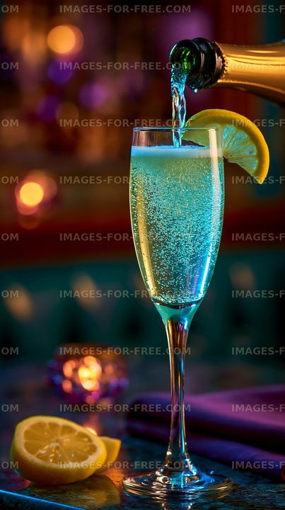 Sparkling drink with lemon slice in a glass on a table