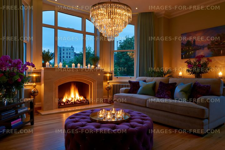 Relaxing living room with a fireplace and a chandelier in the evening