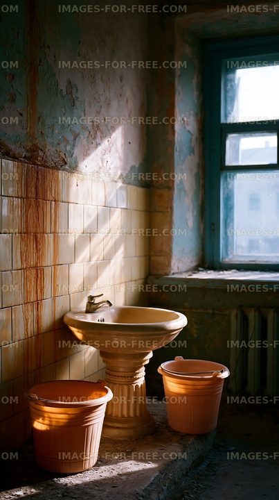 Old bathroom with a sink and buckets in a sunlight room