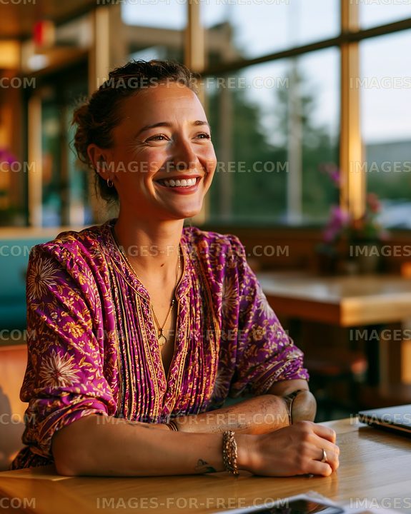 Woman smiling at a cafe during golden hour