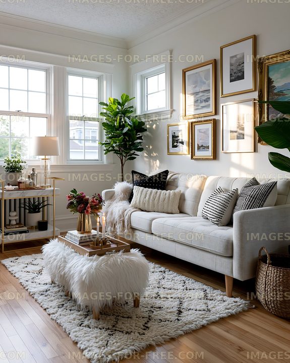 Cozy living room with plants, art, and soft furnishings