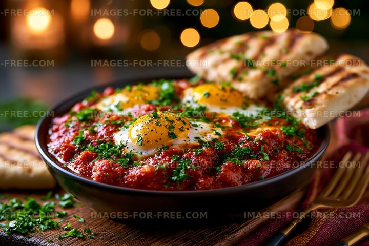 Eggs on tomato sauce with herbs and flatbread on a wooden table