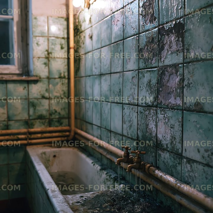 Old bathroom with a rusty bathtub and peeling tiles in dim light