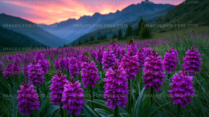 Purple flowers in a mountain meadow during sunset