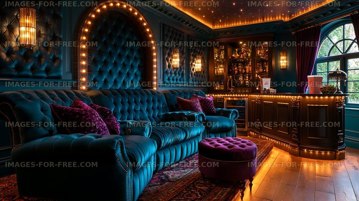 Cozy interior of a lounge with blue sofa and bar area