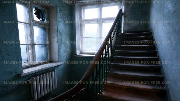 Staircase in an abandoned building with broken window