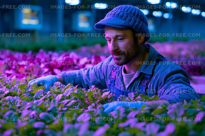 Gardener tending to plants in a greenhouse under artificial light
