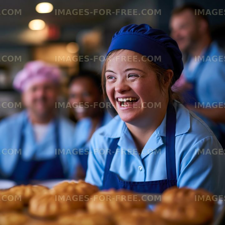 Bakery workers smile while preparing pastries in a busy kitchen