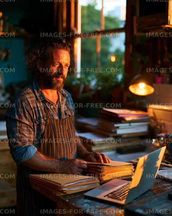 Man working in a workshop with files and a laptop in warm light