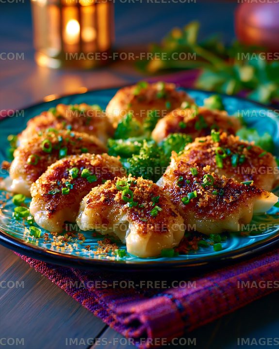Fried dumplings served on a plate with vegetables