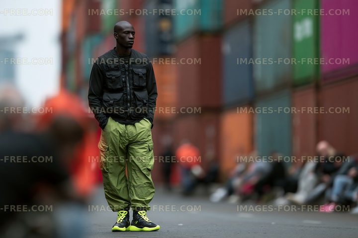 Man standing in streetwear fashion near shipping containers