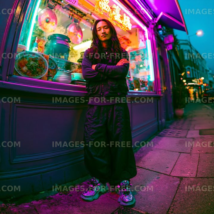 Urban street scene with a person in front of a colorful shop