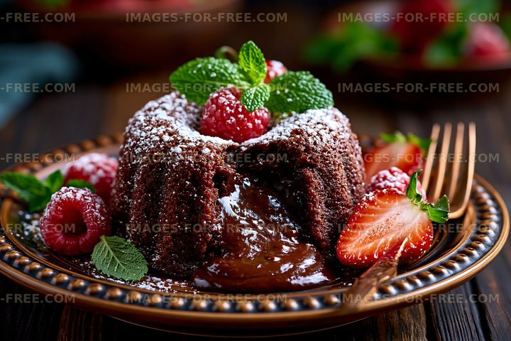 Chocolate dessert with melted center served with berries