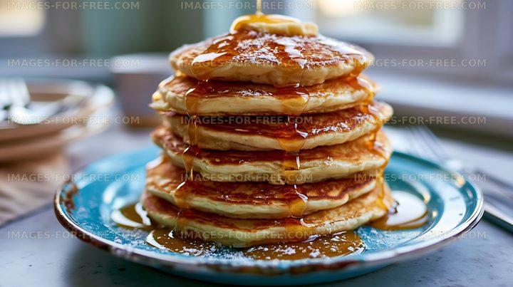 Stack of pancakes with syrup on a blue plate