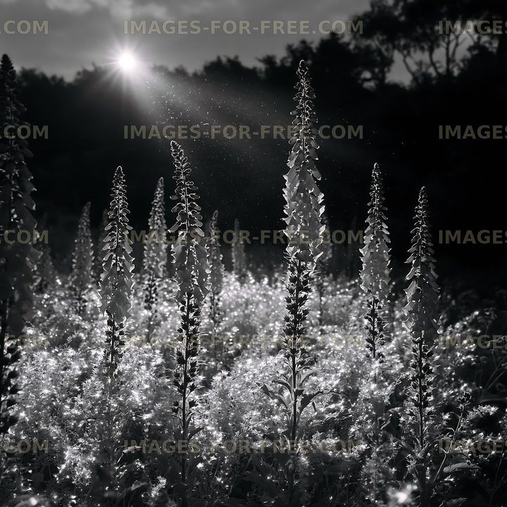 Sunlight shining on flowers in a dark field at dusk