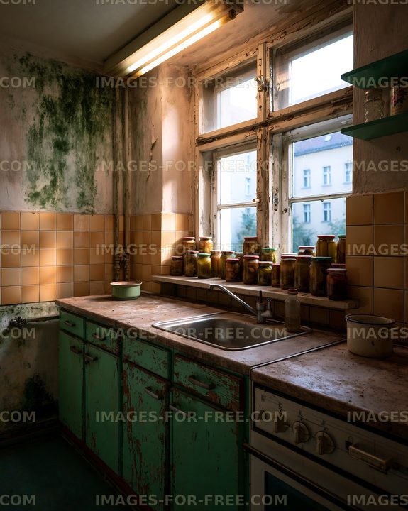 Old kitchen with jars and peeling paint during sunset
