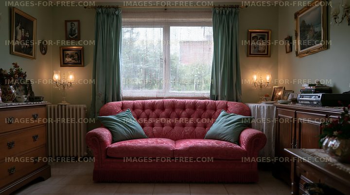 Cozy living room with a pink sofa and family photographs