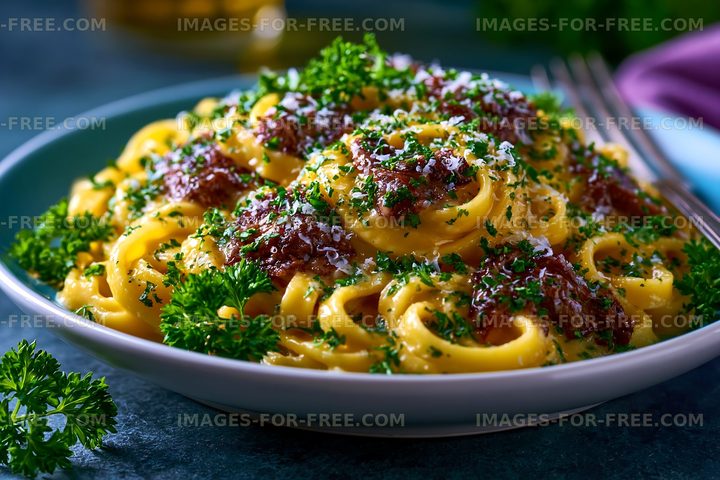 Pasta dish with parsley and cheese on a blue plate