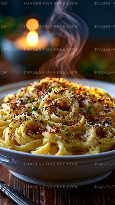 Pasta served in a bowl with steam rising in a dimly lit setting