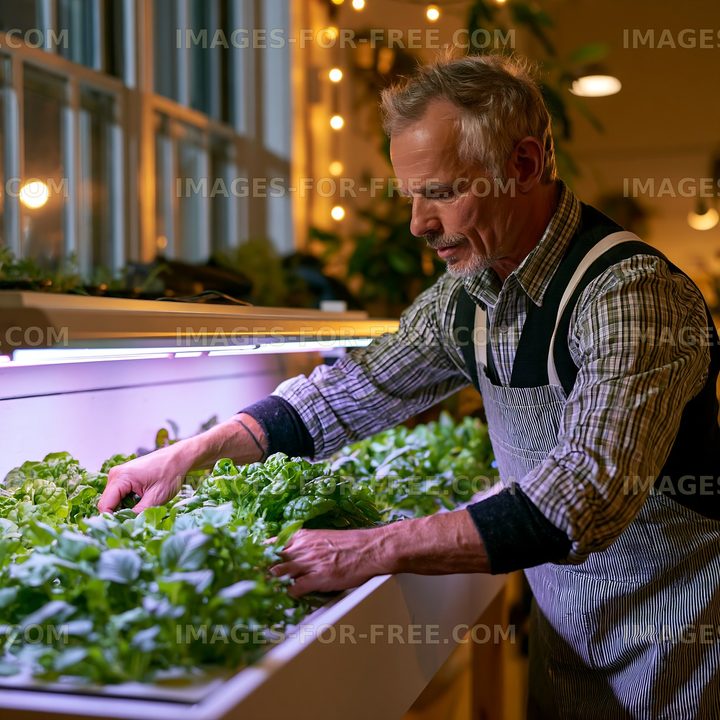 Gardener tending to fresh greens in an indoor garden at night