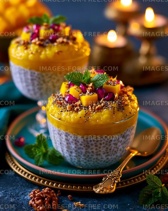 Dessert served in bowls with mango and chia seeds on a table