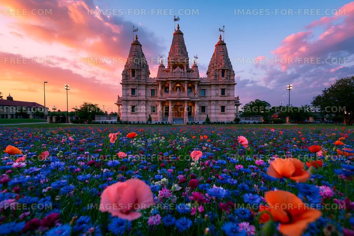 Colorful flowers in front of a temple during sunset