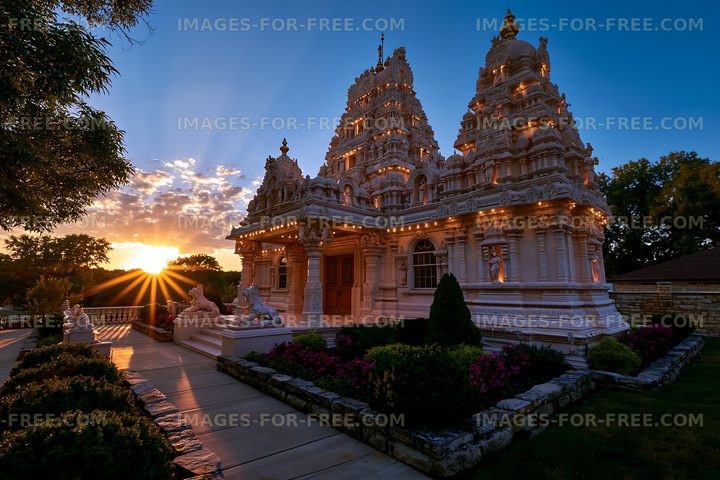 Sunset over a temple with intricate architecture and garden