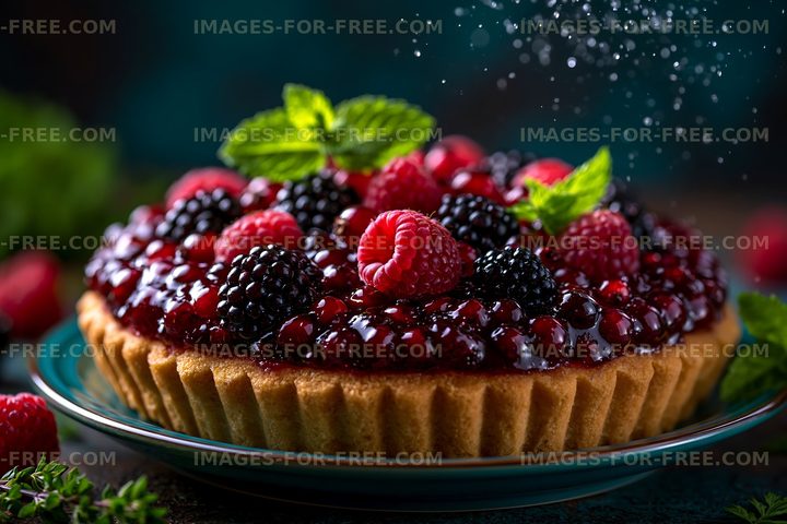 Fresh fruit tart with raspberries and blackberries on a table