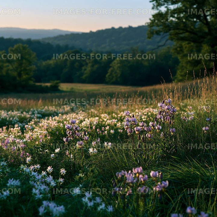 Flowers bloom at sunset with green hills behind