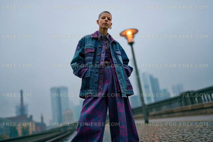 A person stands confidently on a bridge in a city at dusk