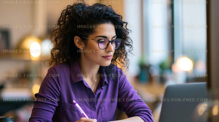 Woman working at a desk with a laptop and writing notes