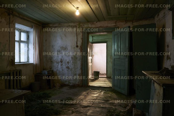 Abandoned room with simple furnishings and light bulb