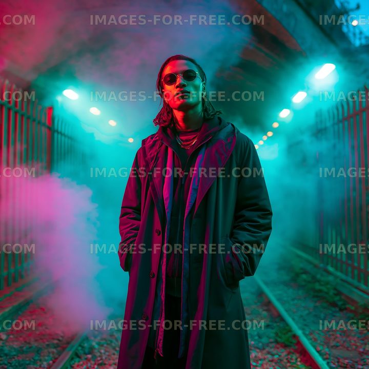 Man in black coat standing in colored smoke under glowing lights