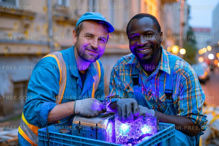 Two workers smiling while holding equipment in a city street