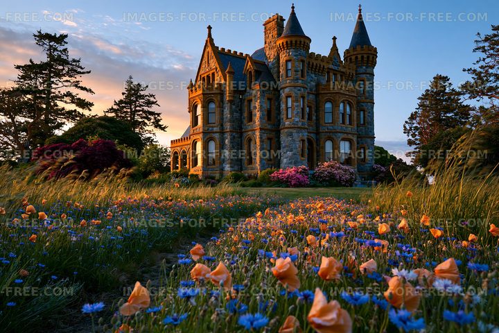 Sunset view of a historic castle surrounded by flowers