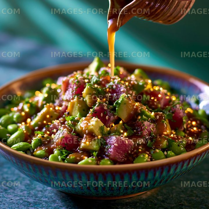 Fresh salad with tuna, avocado, and sesame dressing
