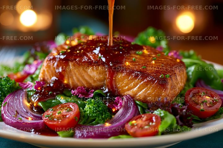 Salmon fillet served on a bed of fresh vegetables