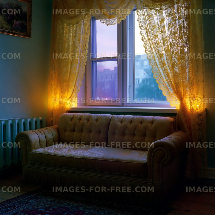 Cozy living room with a sofa and warm lighting at dusk