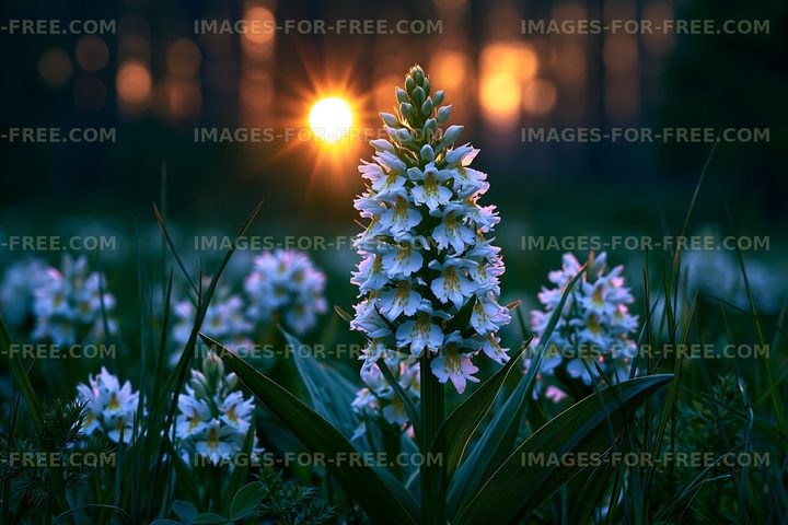 Sunset over white flowers in a field with trees in background