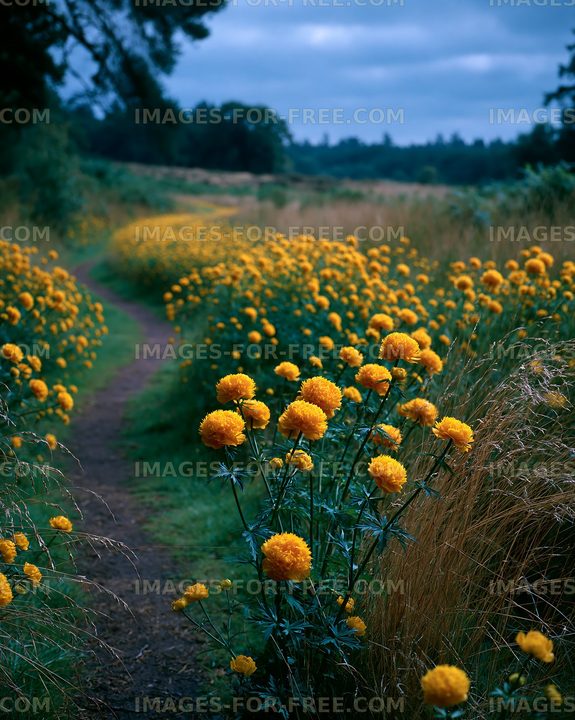 Pathway lined with yellow flowers in a grassy field