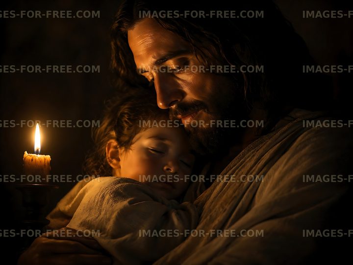 Father and child in warm candlelight embrace